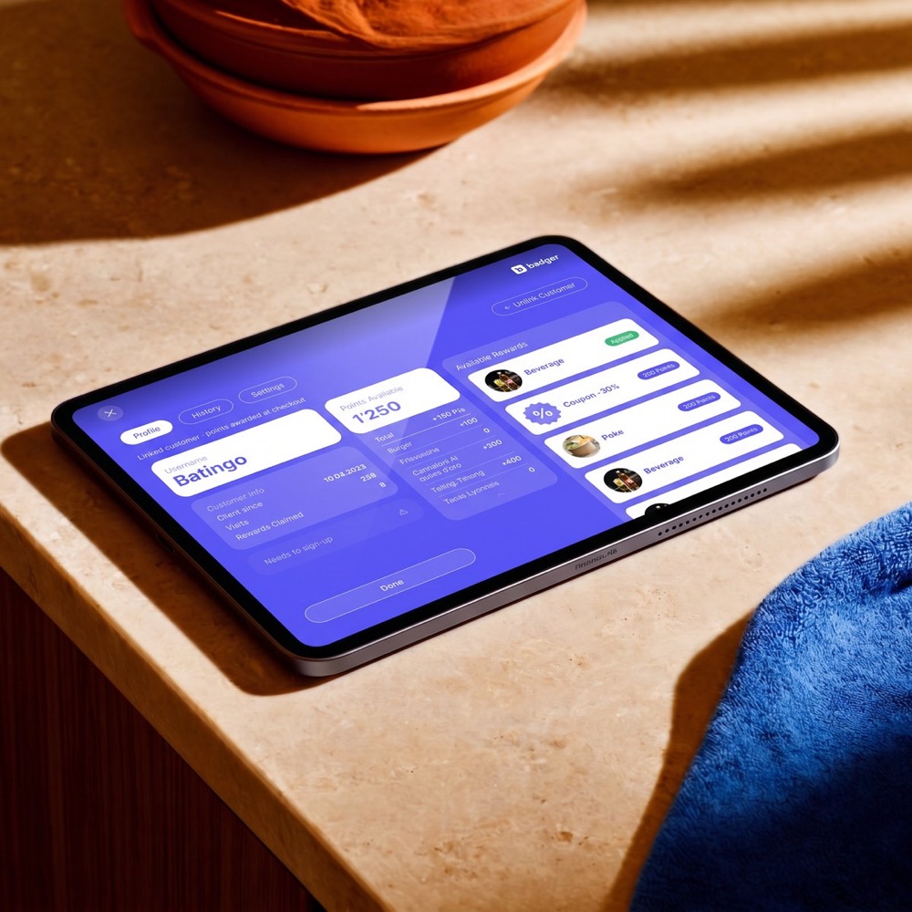 Une tablette au comptoir : la fiche client Badger et ses points au moment du paiement